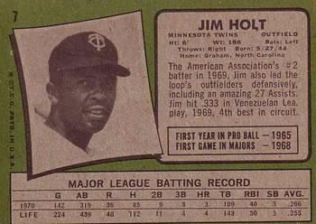 1971 Topps #7 Jim Holt Back