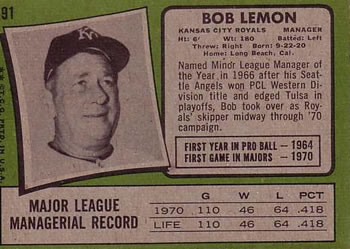 1971 Topps #91 Bob Lemon Back