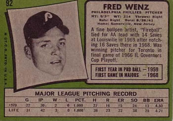 1971 Topps #92 Fred Wenz Back