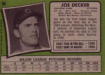 1971 Topps #98 Joe Decker Back