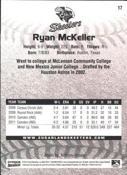 2012 Choice Sugar Land Skeeters #17 Ryan McKeller Back