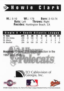 1994 Classic Best Albany Polecats #12 Howie Clark Back