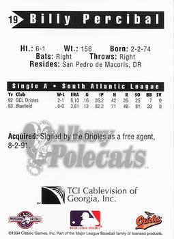 1994 Classic Best Albany Polecats #19 Billy Percibal Back