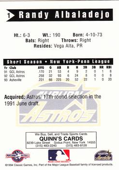 1994 Classic Best Auburn Astros #1 Randy Albaladejo Back