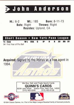 1994 Classic Best Auburn Astros #2 John Anderson Back