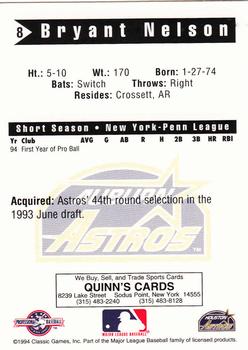 1994 Classic Best Auburn Astros #8 Bryant Nelson Back