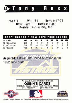 1994 Classic Best Auburn Astros #14 Tony Ross Back