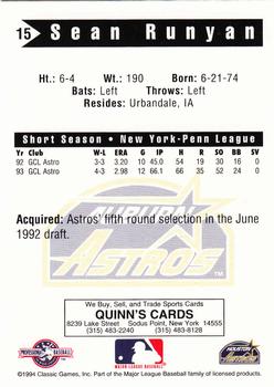 1994 Classic Best Auburn Astros #15 Sean Runyan Back