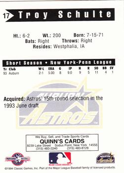 1994 Classic Best Auburn Astros #17 Troy Schulte Back