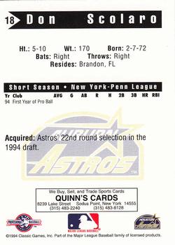 1994 Classic Best Auburn Astros #18 Don Scolaro Back