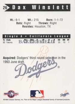 1994 Classic Best Bakersfield Dodgers #26 Dax Winslett Back