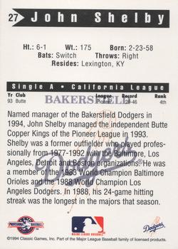 1994 Classic Best Bakersfield Dodgers #27 John Shelby Back