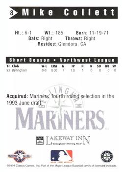 1994 Classic Best Bellingham Mariners #8 Mike Collett Back