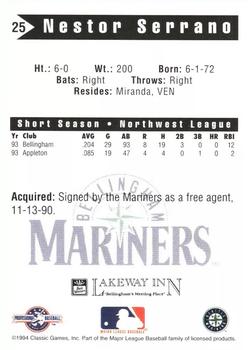 1994 Classic Best Bellingham Mariners #25 Nestor Serrano Back