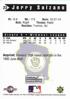 1994 Classic Best Beloit Brewers #23 Jerry Salzano Back