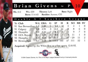 1994 Classic Best Birmingham Barons #10 Brian Givens Back