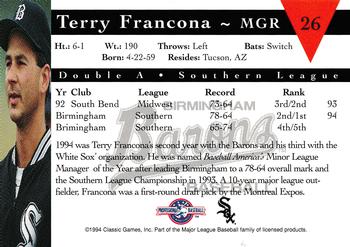 1994 Classic Best Birmingham Barons #26 Terry Francona Back