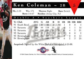 1994 Classic Best Birmingham Barons #5 Ken Coleman Back