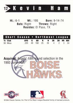 1994 Classic Best Boise Hawks #12 Kevin Ham Back