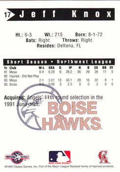 1994 Classic Best Boise Hawks #17 Jeff Knox Back