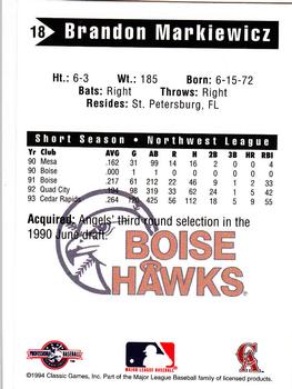 1994 Classic Best Boise Hawks #18 Brandon Markiewicz Back