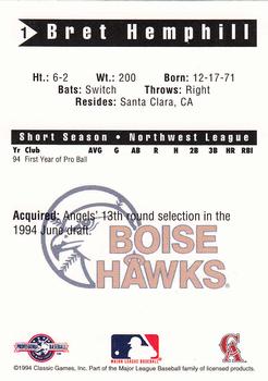 1994 Classic Best Boise Hawks #1 Bret Hemphill Back