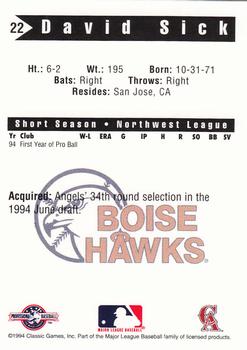 1994 Classic Best Boise Hawks #22 David Sick Back