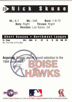 1994 Classic Best Boise Hawks #23 Nick Skuse Back