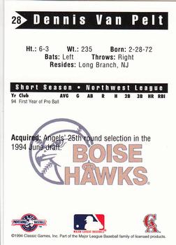 1994 Classic Best Boise Hawks #28 Dennis Van Pelt Back