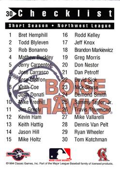 1994 Classic Best Boise Hawks #30 Tom Kotchman Back