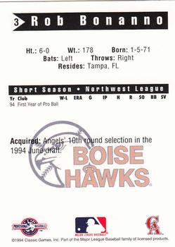 1994 Classic Best Boise Hawks #3 Rob Bonanno Back