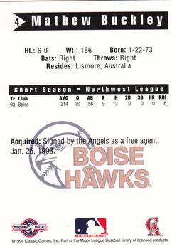 1994 Classic Best Boise Hawks #4 Mathew Buckley Back