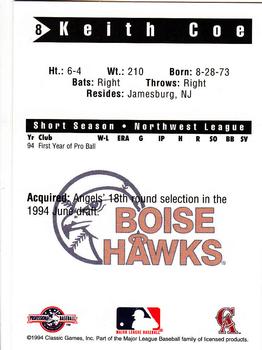1994 Classic Best Boise Hawks #8 Keith Coe Back