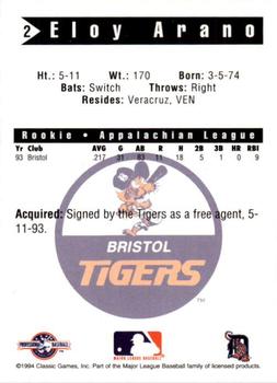 1994 Classic Best Bristol Tigers #2 Eloy Arano Back