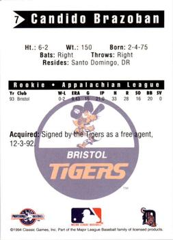 1994 Classic Best Bristol Tigers #7 Candido Brazoban Back