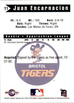 1994 Classic Best Bristol Tigers #11 Juan Encarnacion Back