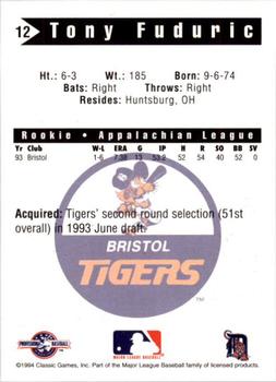 1994 Classic Best Bristol Tigers #12 Tony Fuduric Back