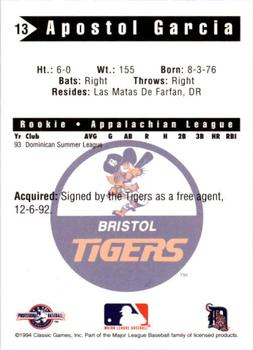 1994 Classic Best Bristol Tigers #13 Apostol Garcia Back