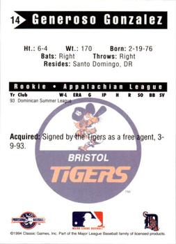 1994 Classic Best Bristol Tigers #14 Generoso Gonzalez Back