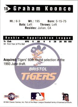 1994 Classic Best Bristol Tigers #16 Graham Koonce Back
