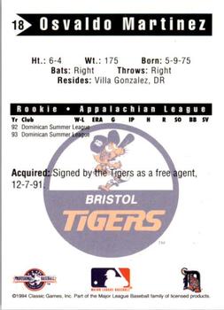 1994 Classic Best Bristol Tigers #18 Osvaldo Martinez Back