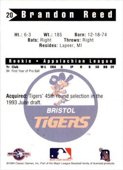 1994 Classic Best Bristol Tigers #20 Brandon Reed Back