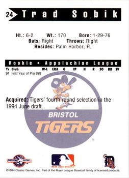 1994 Classic Best Bristol Tigers #24 Trad Sobik Back