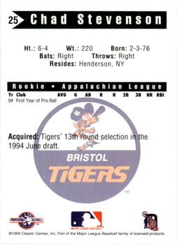 1994 Classic Best Bristol Tigers #25 Chad Stevenson Back