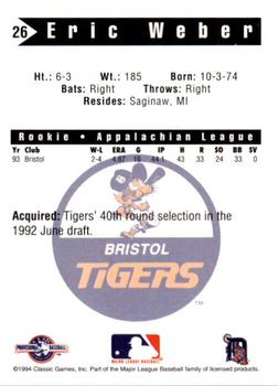 1994 Classic Best Bristol Tigers #26 Eric Weber Back