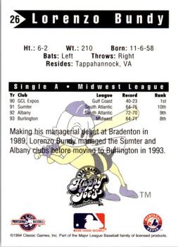 1994 Classic Best Burlington Bees #26 Lorenzo Bundy Back