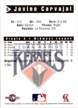 1994 Classic Best Cedar Rapids Kernels #6 Jovino Carvajal Back