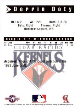1994 Classic Best Cedar Rapids Kernels #8 Derrin Doty Back