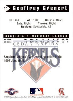 1994 Classic Best Cedar Rapids Kernels #11 Geoffrey Grenert Back