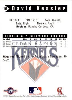 1994 Classic Best Cedar Rapids Kernels #16 David Kessler Back